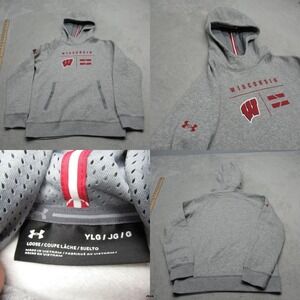 Wisconsin Badger Hoodie Youth Large Under Armour Gray Loose Pullover Heavyweight